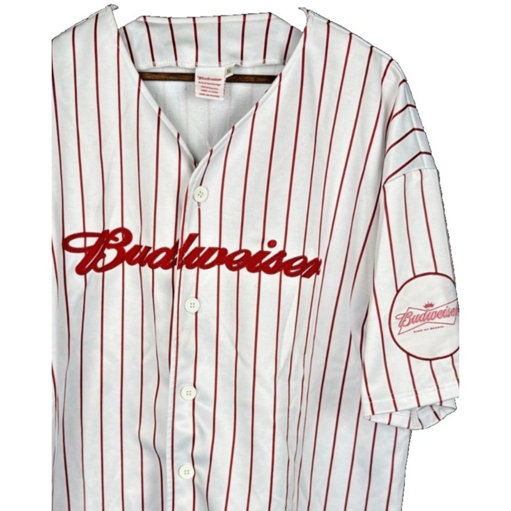 Budweiser Embroidered Sewn Pinstripe Baseball Jersey Size XL White Red